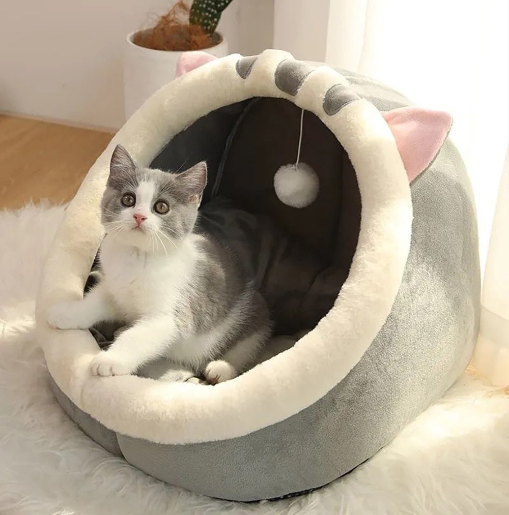 Panier pour chat très doux et chaud avec jeu de balle - Coussin amovible