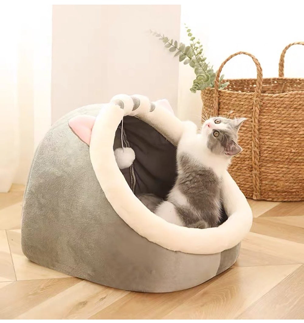 Panier pour chat très doux et chaud avec jeu de balle - Coussin amovible