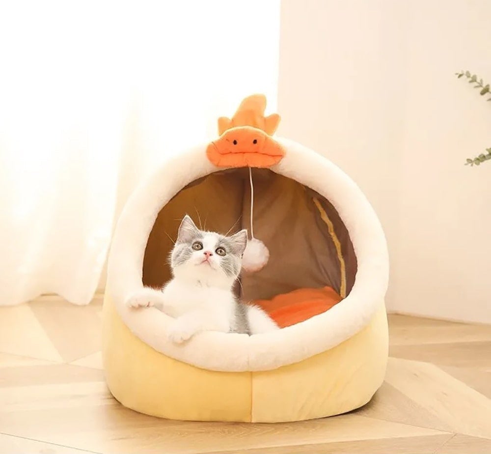 Panier pour chat très doux et chaud avec jeu de balle - Coussin amovible
